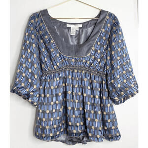 Abstract Silk Blue Gold Peasant 3/4 Sleeve Boho Blouse - Large